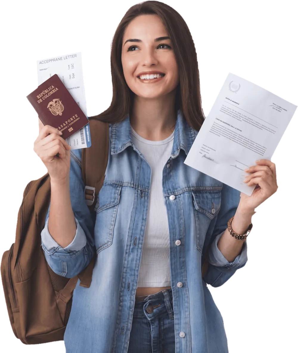 Joven feliz con su pasaporte colombiano y sus documentos de viaje